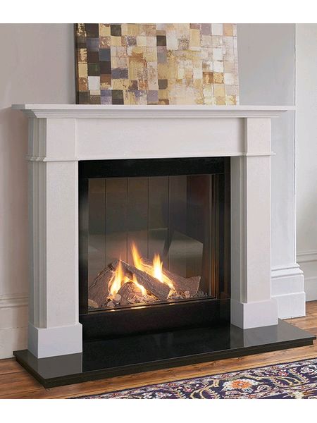 The Roseland 59 inch Mantel in Aegean limestone also available in Corinthian stone and Portuguese limestone